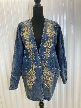 Vintage Acid Wash Embroidered Denim Jacket with Gold Floral Accents size 3x